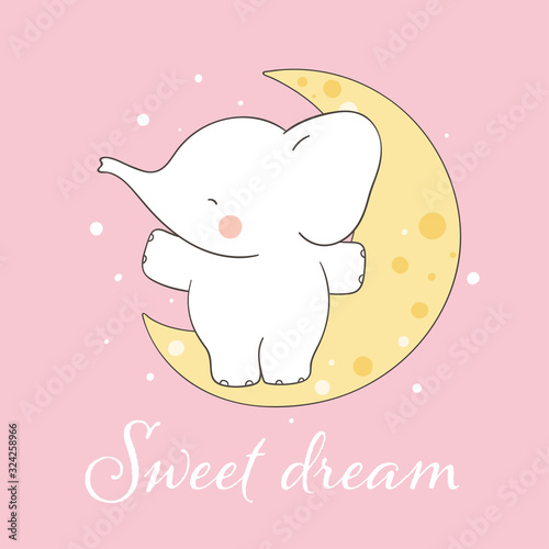 Draw elephant sitting on the moon and word sweet dream.