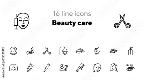 Beauty care line icon set. Cream, eyelashes, mascara. Beautician concept. Can be used for topics like beauty salon, cosmetic products, face lifting