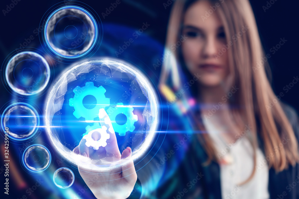 Business, Technology, Internet and network concept. Young businessman working on a virtual screen of the future and sees the inscription: Business, Technology, Internet and network concept. Young businessman working on a virtual screen of the future and sees the inscription: