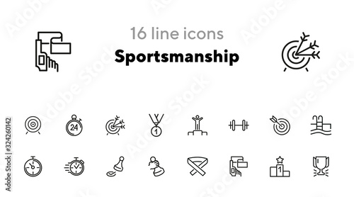 Sportsmanship line icon set. Swimming pool, winner, weight barrel. Sport concept. Can be used for topics like fitness, leadership, healthy lifestyle