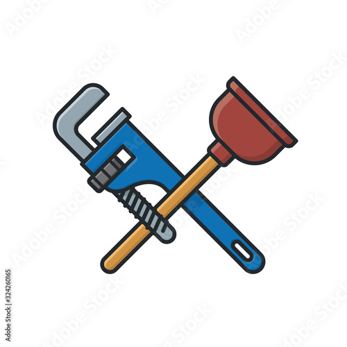 Plunger and pipe wrench isolated  vector illustration