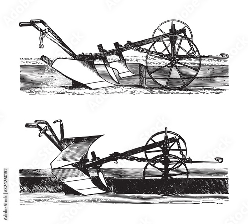 Old plough / vintage illustration from Brockhaus Konversations-Lexikon 1908