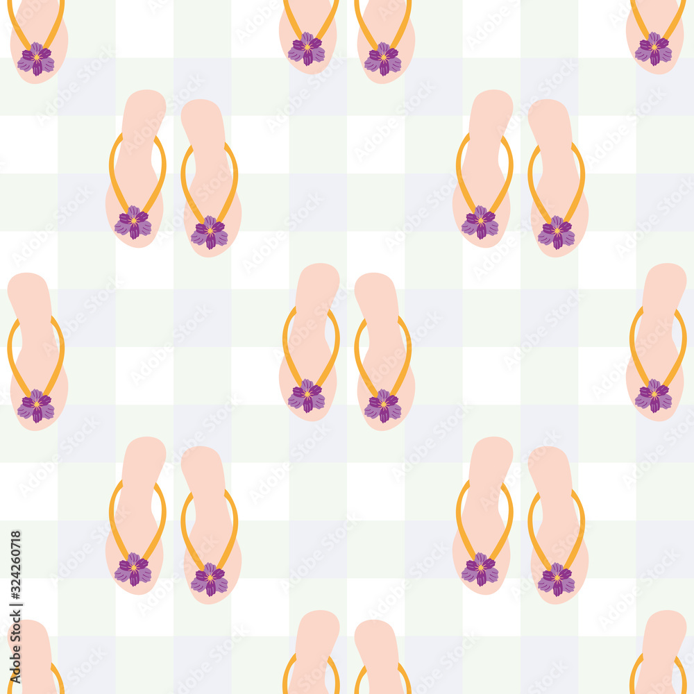 Pretty flip flop shoe seamless vector pattern background. Hand drawn girly sandals with tropical flower. Pastel check backdrop. Hot summer illustration all over print for vacation resort concept.