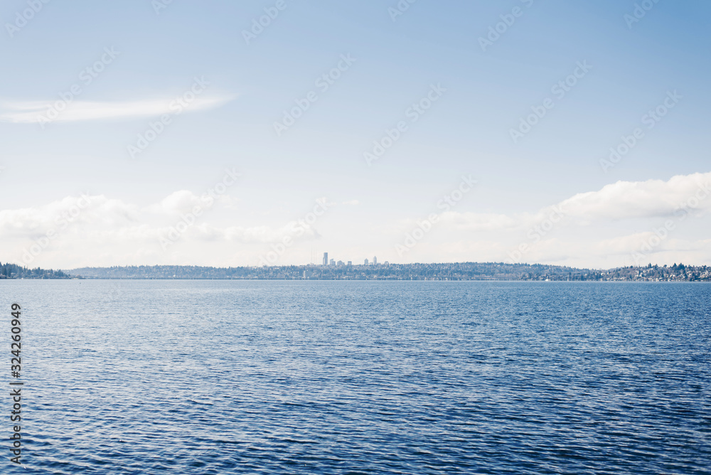 Kirkland, Washington, USA. February 2020. The waterfront of lake Washington in clear weather. Lake view