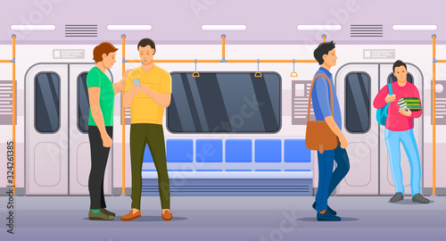 People sitting and standing inside subway transport metro.