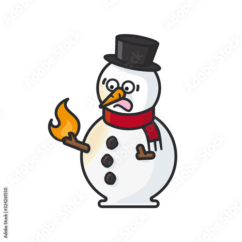 Frightened snowman with burning hand isolated vector illustration