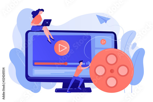 Marketing strategist with laptop working with video content. Video content marketing, video marketing strategy, digital marketing tool concept. Pinkish coral bluevector isolated illustration