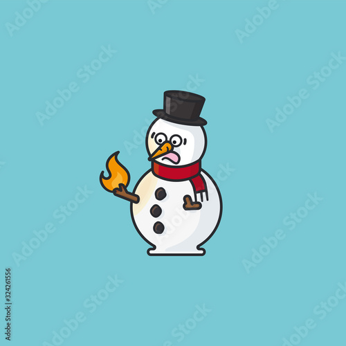 Frightened snowman with burning stick hand vector illustration for Snowman Burning Day