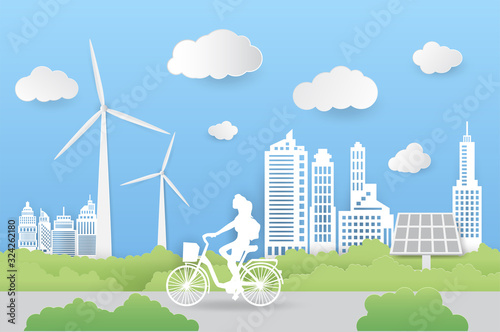 ecology idea , city scape paper art style,technology power saving, vector design