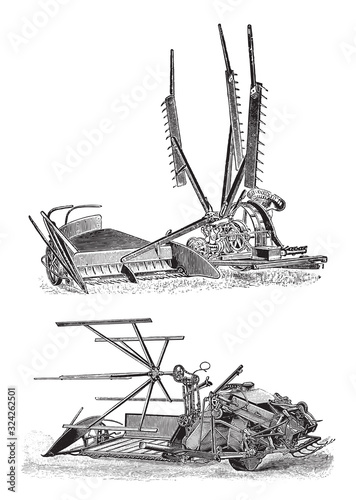 Old agriculture machine / vintage illustration from Brockhaus Konversations-Lexikon 1908