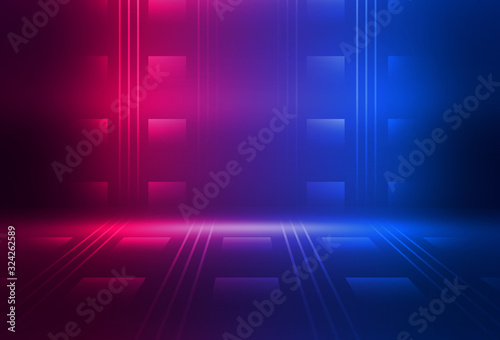 Background of an empty show scene. Ultraviolet abstract background. Geometric neon shapes, smoke, smog.