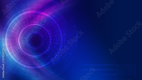 Dark tech abstract background with neon glow. Cyber circle laser figure on abstract background