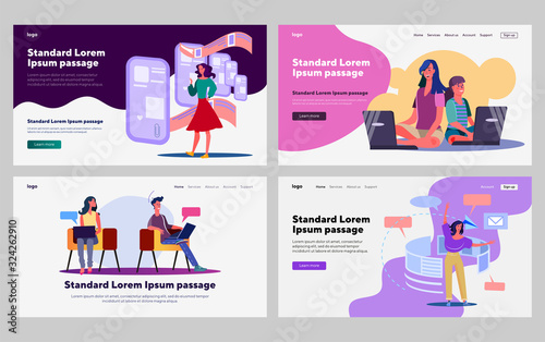 Video communication set. Users chatting online, watching training, using digital device. Flat vector illustrations. Internet, wireless technology concept for banner, website design or landing web page