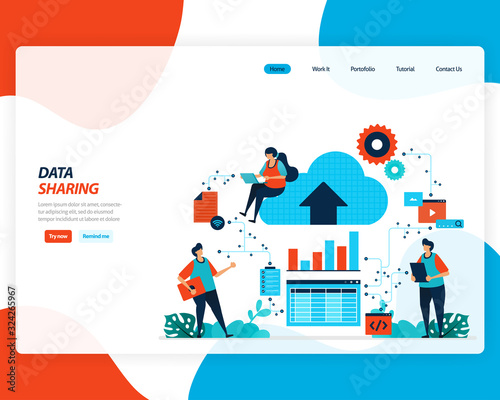 vector cartoon illustration of data sharing technology, remote worker, network industry 4.0, people sending work file. cloud improvement to upload is effective. for website, landing page, mobile app