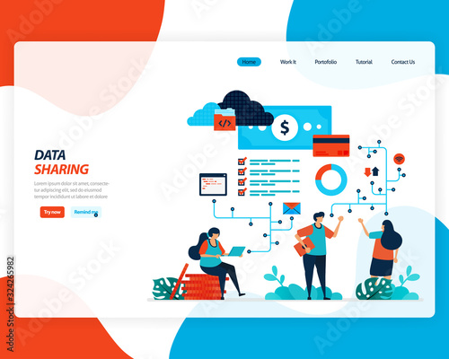 vector cartoon illustration of financial data sharing, remote worker, banking industry 4.0, people sending money online. cloud improvement to transfer and top up. for website, landing page, mobile app