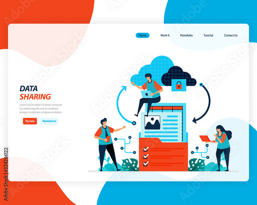 vector cartoon illustration of data sharing technology, remote worker, network industry 4.0, people sending work file. cloud improvement to upload is effective. for website, landing page, mobile app