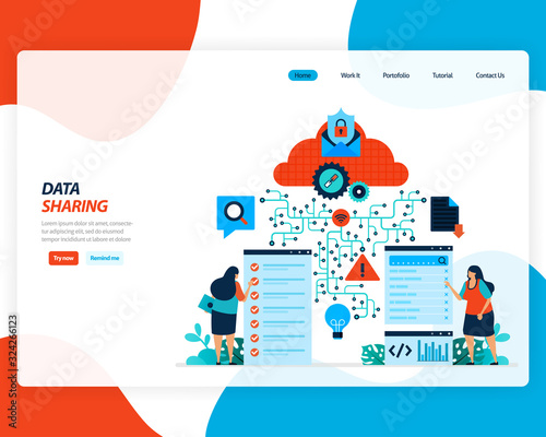 vector cartoon illustration of data sharing technology, remote worker, network industry 4.0, people sending work file. cloud improvement to upload is effective. for website, landing page, mobile app