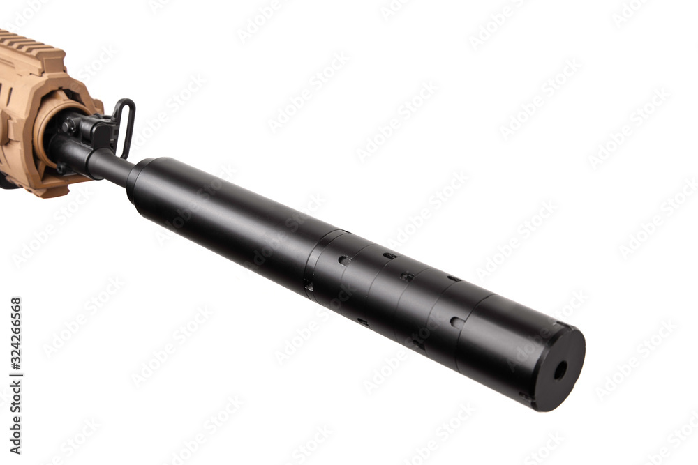 Modern automatic carbine with collimator sight isolate on white background. Weapons for the army, police and special forces. Modern automatic carbine with collimator sight isolate on white background. Weapons for the army, police and special forces.