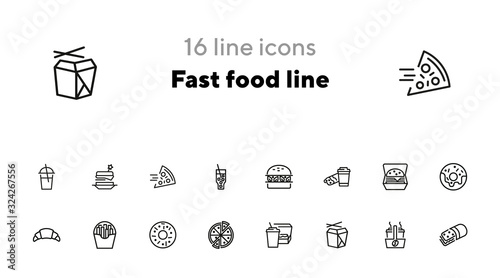 Fast food line icon set. Set of line icons on white background. Pizza, coffee, sandwich, burger. Food concept. Vector illustration can be used for topics like food, street cafe, snack