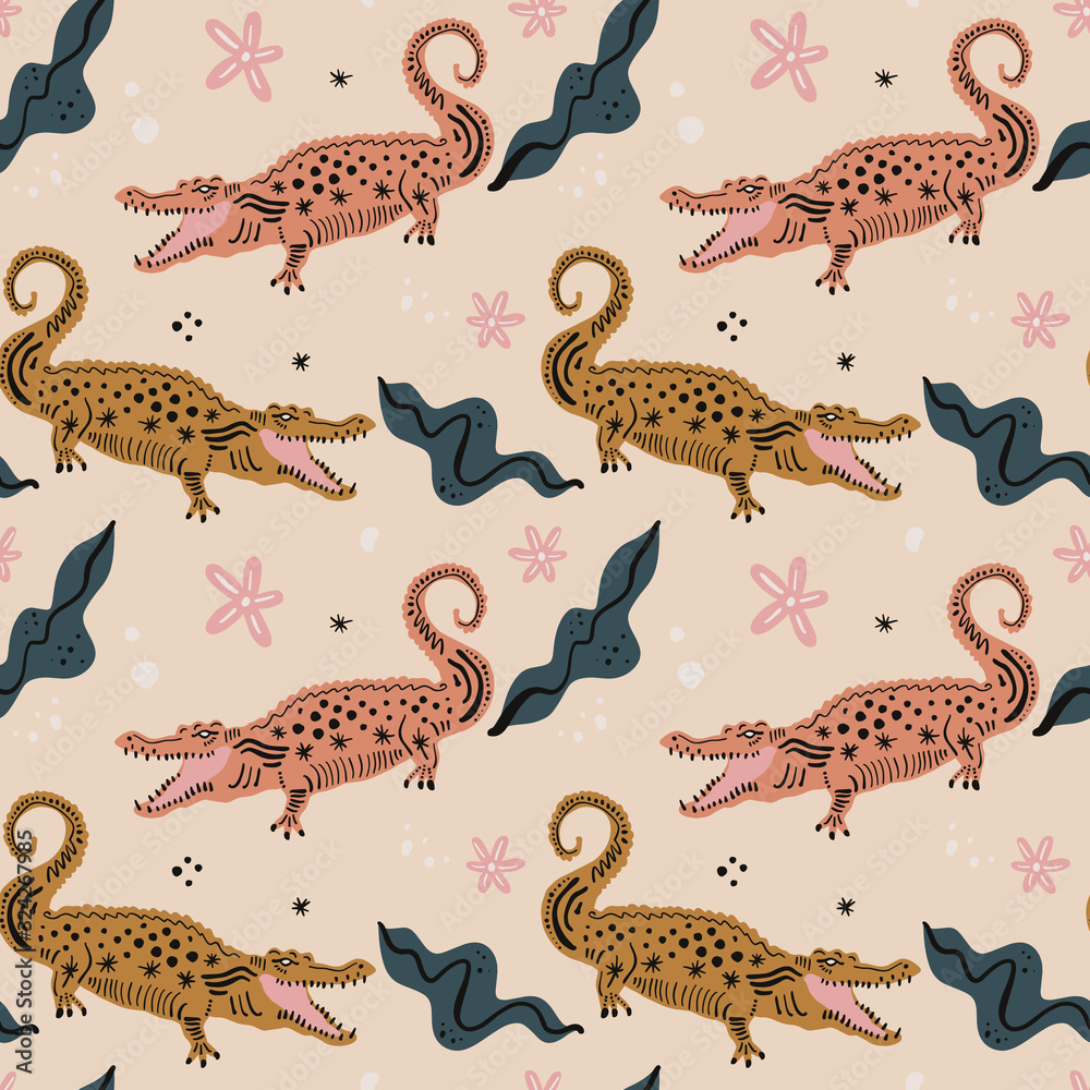 Cute scandinavian style seamless pattern with crokedile, funny print for boys and girls, nursery illustration, alligators cartoon funny pastel vector