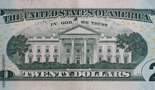 Closeup of back side of 20 dollar banknote