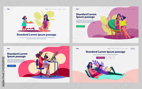 Mothers spending time with little daughter set. Reading book, painting, cooking bakery. Flat vector illustrations. Childhood, family, leisure concept for banner, website design or landing web page