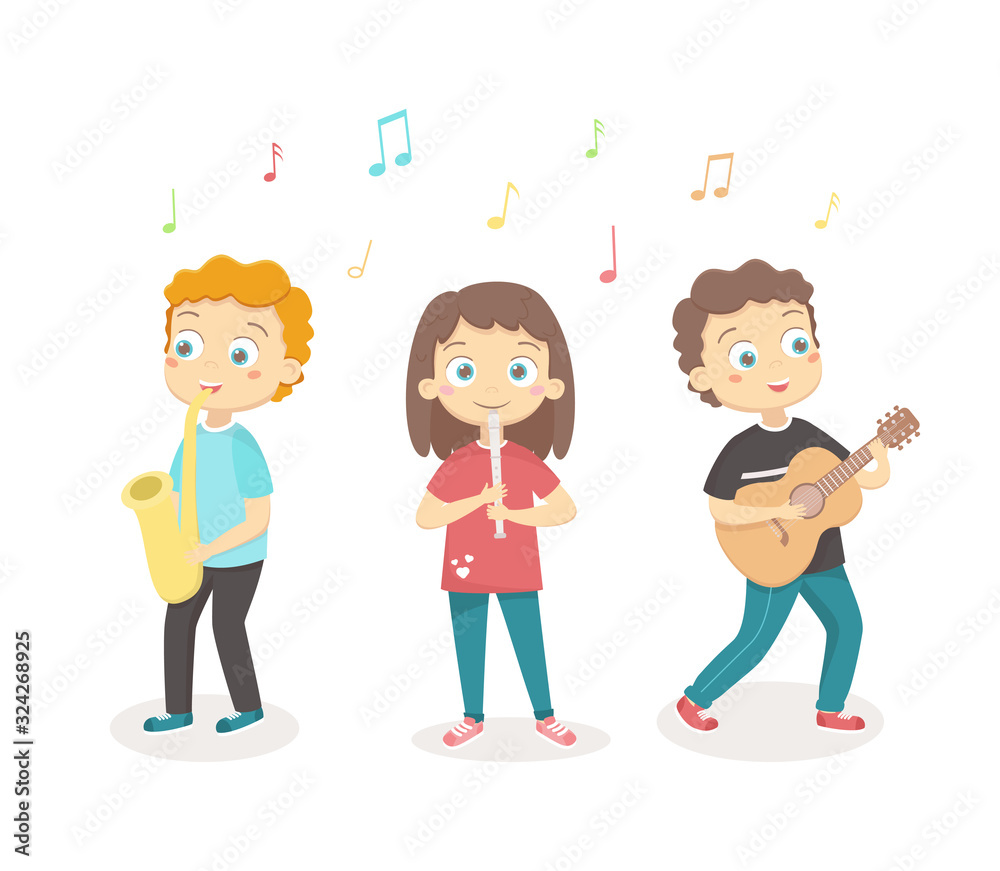 Children play musical instruments. Children s hobbies and activities. Vector illustration on a white background. Children play musical instruments. Children s hobbies and activities. Vector illustration on a white background.