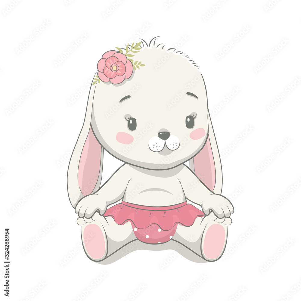 Cute baby bunny cartoon vector illustration. Illustration in hand drawing  style for baby shower. Greeting card, party invitation, fashion clothes  t-shirt print. Stock Vector | Adobe Stock