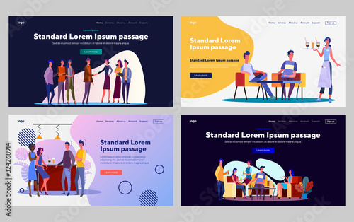 People meeting in bar or party set. Men and women shaking hands, drinking. Flat vector illustrations. Friendship, communication, acquaintance concept for banner, website design or landing web page