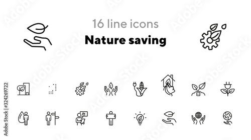 Nature saving line icon set. Set of line icons on white background. Ecology concept. Leaf, person, battery, energy. Vector illustration can be used for topics like environment, ecology