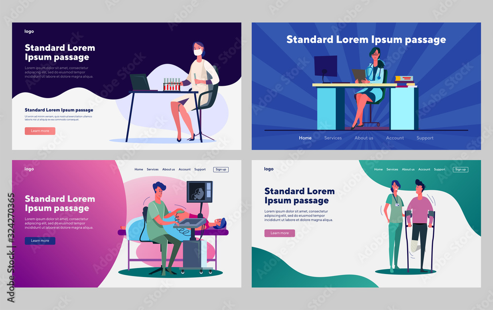 Medical office set. Doctor at workplace, lab test, ultrasound scan, first aid. Flat vector illustrations. Hospital, help, examination concept for banner, website design or landing web page Medical office set. Doctor at workplace, lab test, ultrasound scan, first aid. Flat vector illustrations. Hospital, help, examination concept for banner, website design or landing web page