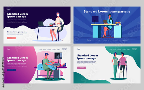 Medical office set. Doctor at workplace, lab test, ultrasound scan, first aid. Flat vector illustrations. Hospital, help, examination concept for banner, website design or landing web page