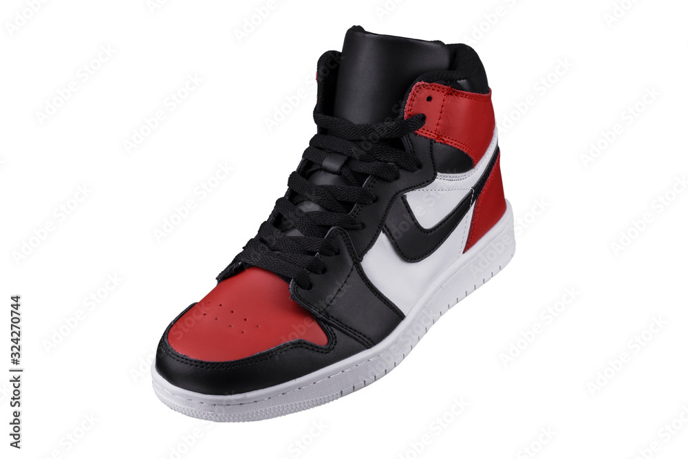 Side view of a high sneaker with red and black accents. Side view of a high sneaker with red and black accents.