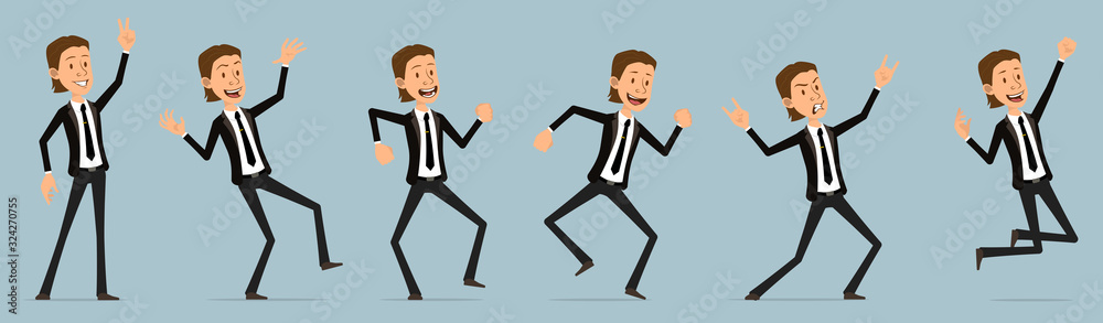 Cartoon funny cute business office boy character in black suit with tie. Ready for animations. Successful happy businessman jumping and dancing. Isolated on blue background. Big vector icon set. Cartoon funny cute business office boy character in black suit with tie. Ready for animations. Successful happy businessman jumping and dancing. Isolated on blue background. Big vector icon set.