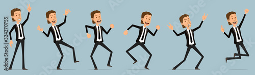 Cartoon funny cute business office boy character in black suit with tie. Ready for animations. Successful happy businessman jumping and dancing. Isolated on blue background. Big vector icon set.