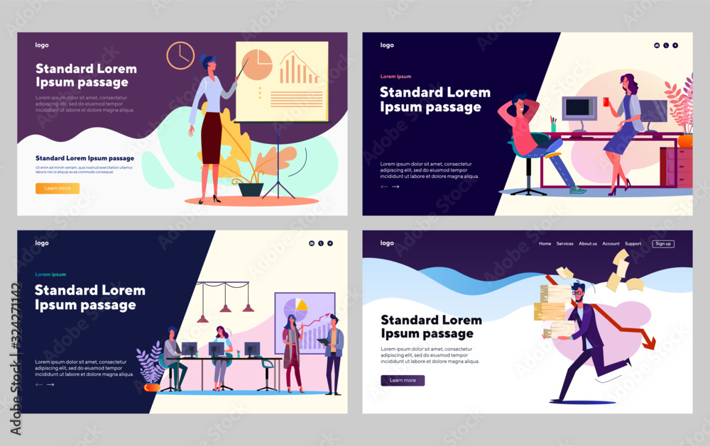 Corporate work on project set. Manager presenting report, talk at workplace. Flat vector illustrations. Business, project discussion, cooperation concept for banner, website design or landing web page