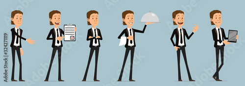 Cartoon funny cute business office boy character in black suit with tie. Ready for animations. Waiter with tray and businessman with tablet.