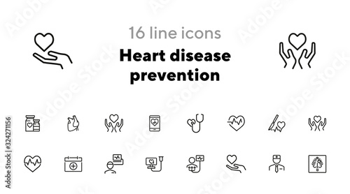 Heart disease prevention line icon set. Stethoscope, surgery, cardiogram, first aid kit. Medicine concept. Can be used for topics like heart attack, medical help, hospital