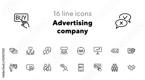 Advertising company line icon set. Target audience, buy button, customer survey. Commerce concept. Can be used for topics like ecommerce, marketing, internet store