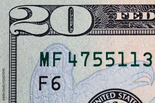 Closeup of front side of 20 dollar banknote