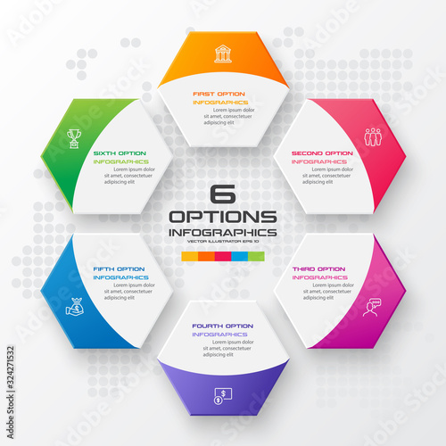 Abstract business infographics template with 6 hexagon in white color background