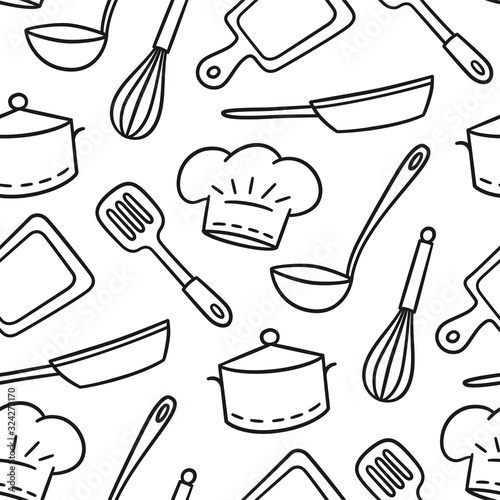 Hand drawn seamless pattern on the theme of chef and cook. Vector illustration in doodle style on white background