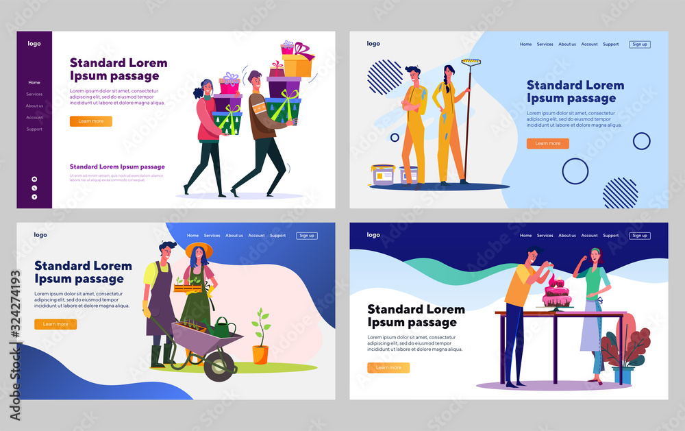 Happy young couple doing domestic works together set. Gardening, cooking, renovation. Flat vector illustrations. Relationship, togetherness concept for banner, website design or landing web page