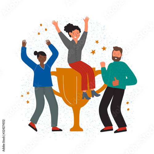 Successful team concept. Manager sits on cup and happy team. Colored flat vector illustration. Isolated on white background.