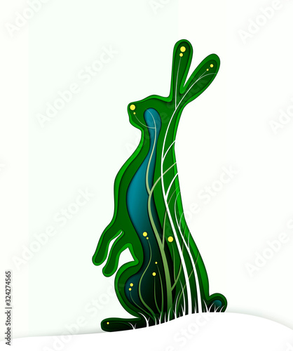 Easter hare concept, Easter rabbit looks like layered paper card with grass and flowers, beautiful Easter holiday idea,
