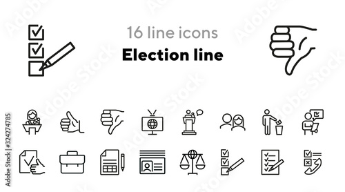 Election line icons. Set of line icons. Global law, invoice, thumb up. Voting concept. Vector illustration can be used for topics like politics, poll