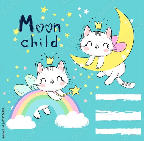 Hand drawn Set Cute Magic cats with wings. Fairytale character kitten sleeps on the moon and on the rainbow. Vector Illustration. Children's print and poster.