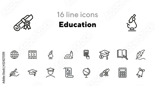 Education line icon set. Set of line icons on white background. Study concept. Bachelor, calculation, diploma. Vector illustration can be used for topics like university, college