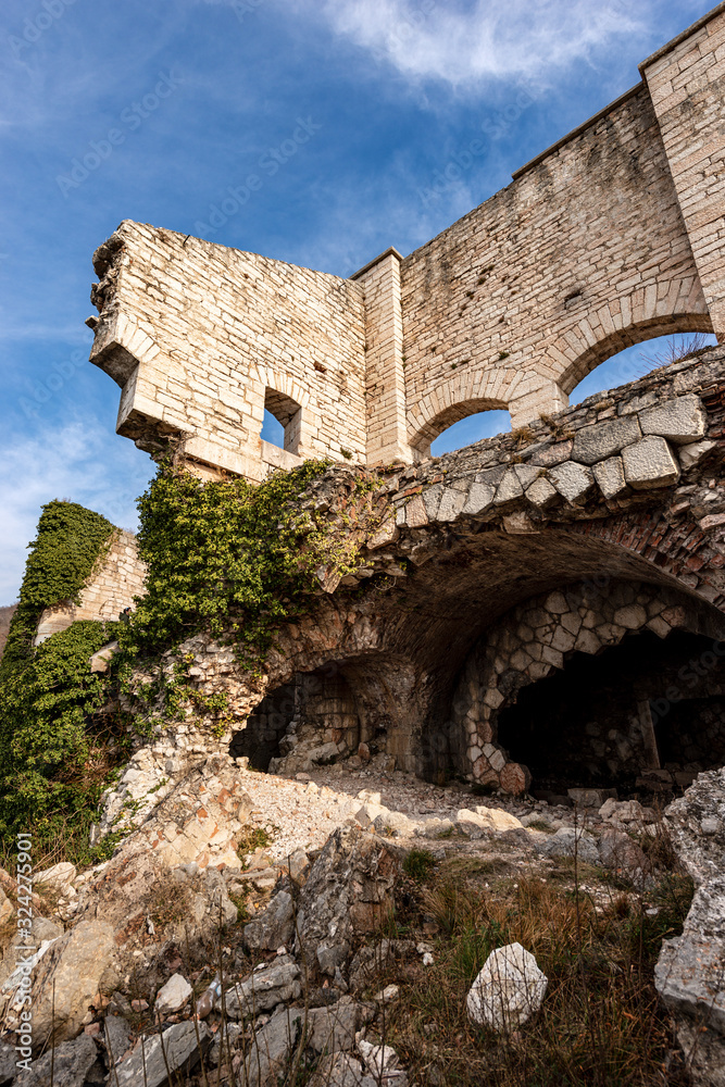 Old ruins of the Fort Mollinary (Forte di Monte) of the Austrian empire (1849-1852) built to protect the border on the Adige Valley near Verona, Veneto, Italy, Europe