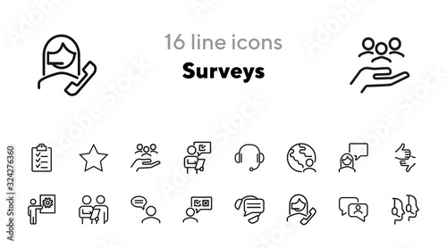 Surveys line icon set. Rate, evaluation, comment, operator. Customer service concept. Can be used for topics like review, feedback, call center, support service